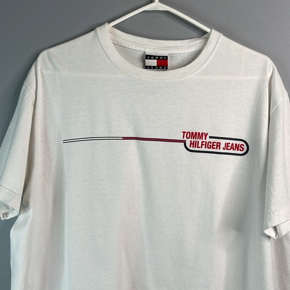 Vintage 90s Mens Tommy Hilfiger Jeans Graphic Logo T-Shirt White Crewneck Boxy L - Picture 3 of 9